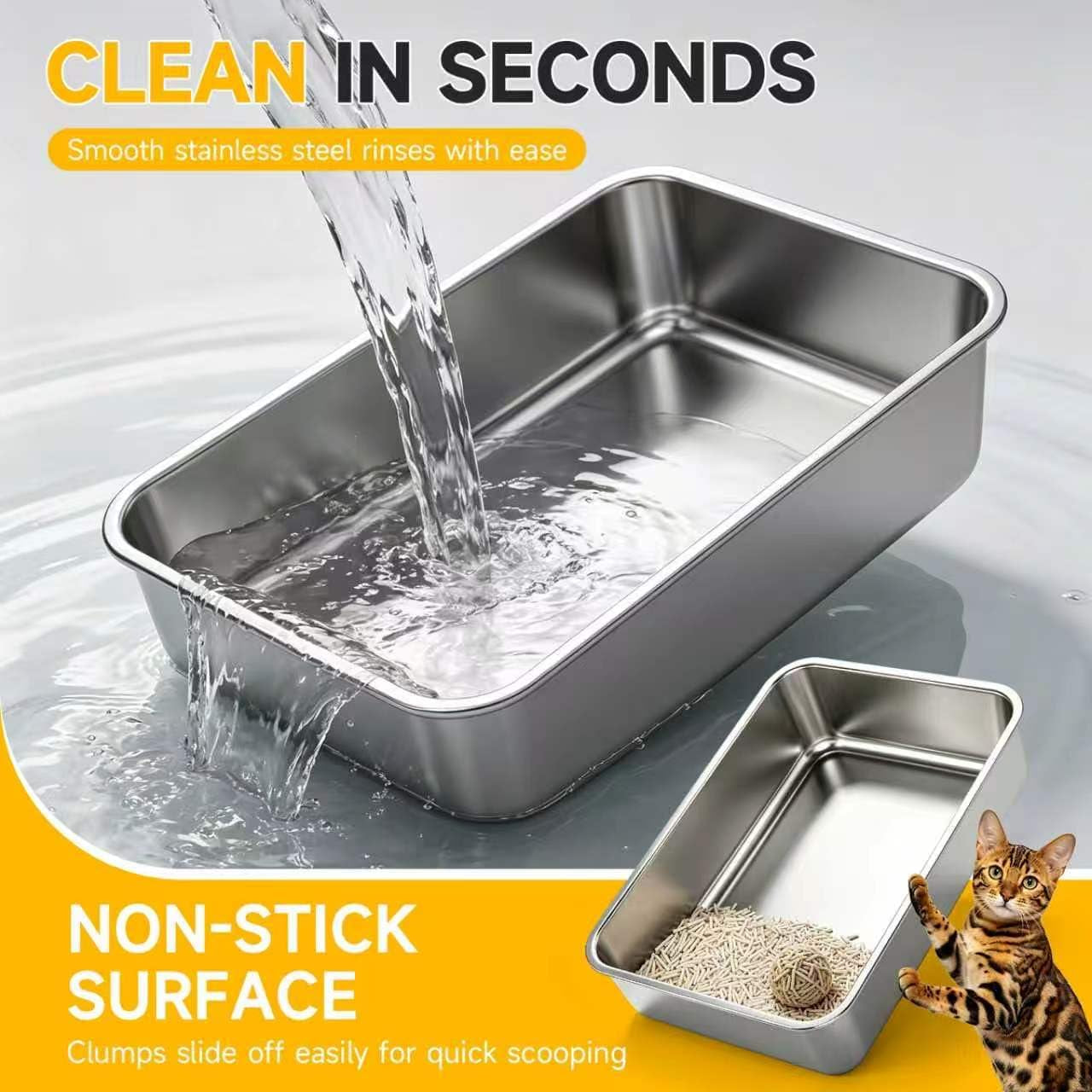 XL Open Top Stainless Steel Litter Box with High Sides,Light Gray