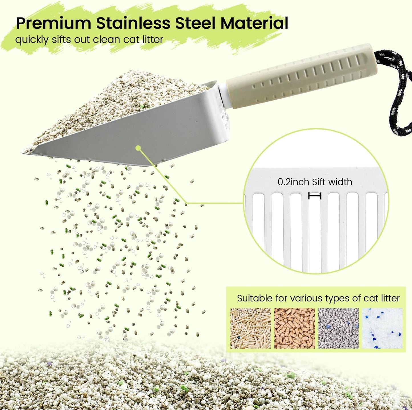 Metal Cat Litter Scooper with Holder, Stainless Steel Metal Litter Scoop Includes Portable Small Broom and Dustpan Set, Speed Sifter Cat Litter Scoop Captures All Clumps, Non-Slip Handle, Easy Clean