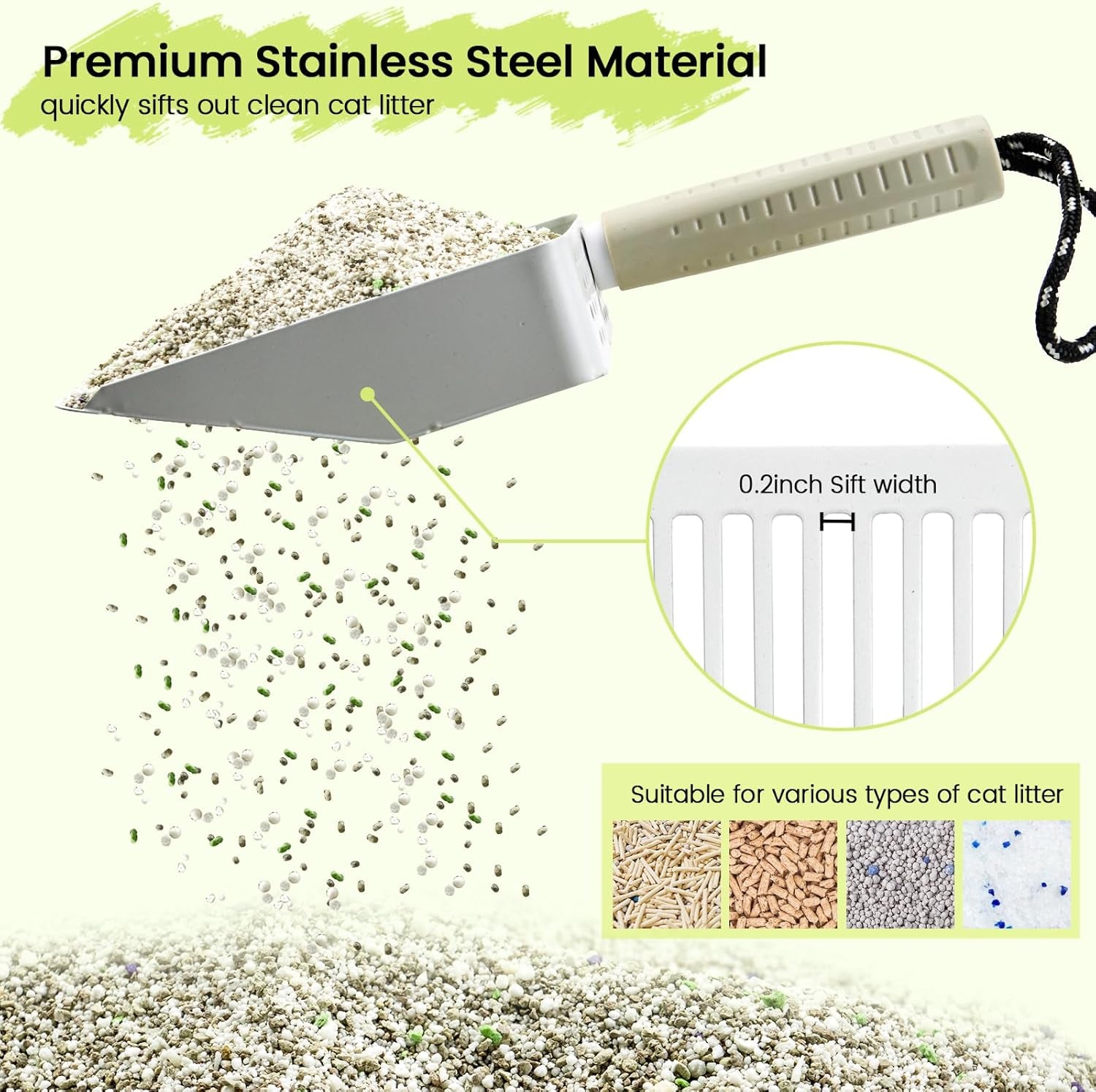 Metal Cat Litter Scooper with Holder, Stainless Steel Metal Litter Scoop Includes Portable Small Broom and Dustpan Set, Speed Sifter Cat Litter Scoop Captures All Clumps, Non-Slip Handle, Easy Clean