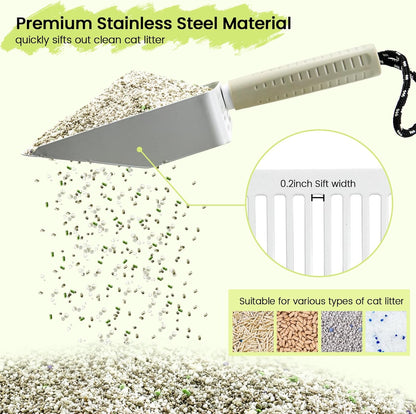 Metal Cat Litter Scooper with Holder, Stainless Steel Metal Litter Scoop Includes Portable Small Broom and Dustpan Set, Speed Sifter Cat Litter Scoop Captures All Clumps, Non-Slip Handle, Easy Clean