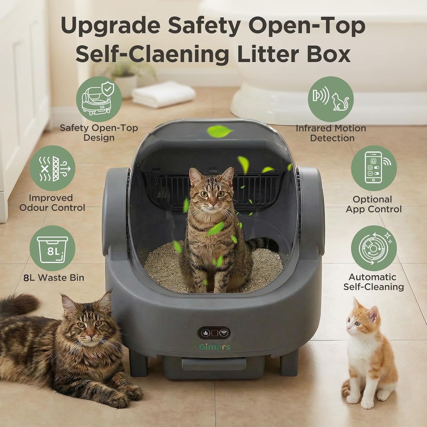 Open Top Design Self Cleaning Litter Box, Automatic Cat Litter Box for Multiple Cats & Senior Cats, App Control with Safety Sensors, Low Odor, Includes Trash Bags & Litter Mat