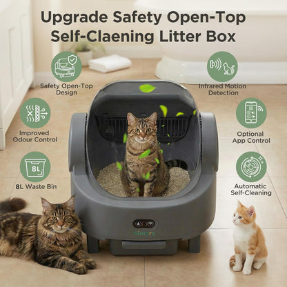 Open Top Design Self Cleaning Litter Box, Automatic Cat Litter Box for Multiple Cats & Senior Cats, App Control with Safety Sensors, Low Odor, Includes Trash Bags & Litter Mat