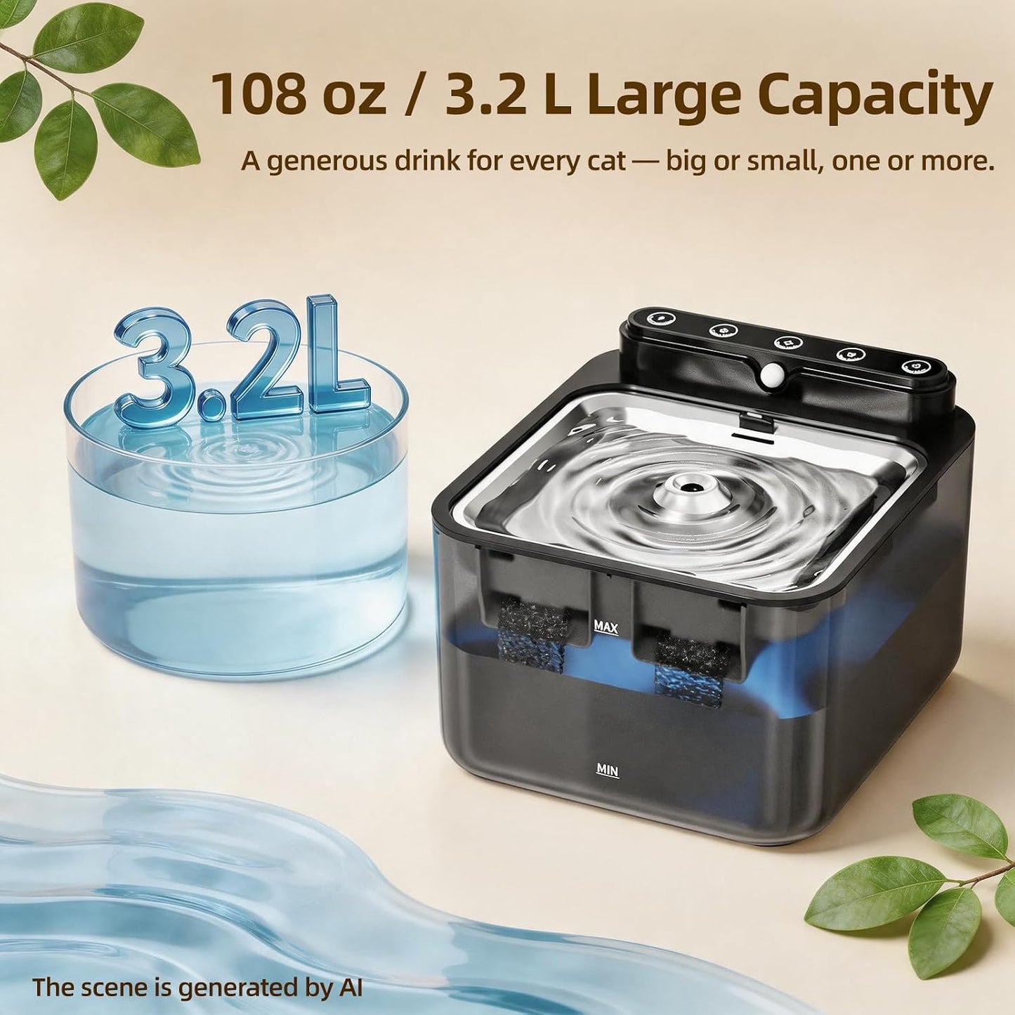 Wireless Cat Water Fountain Battery Operated,108/3.2L Large Capacity | 3 Filters Packs|4 Modes|Stainless Steel Trays|Bpa Free|For Cats,Dogs|Indoor|Semi-Transparent Water Tank|4000Mah|Cubic Design|