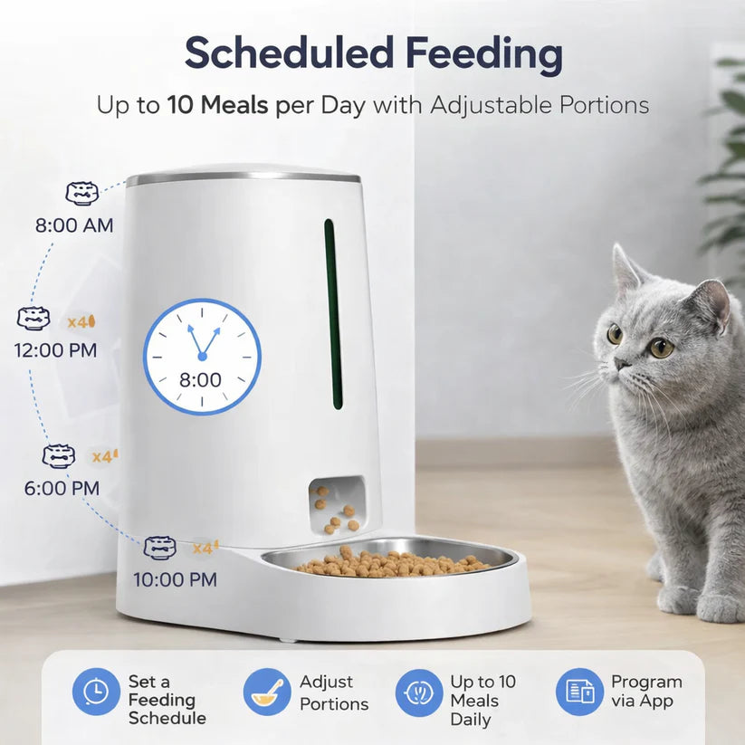 White electronic pet feeder with a cat next to it, displaying scheduled feeding times.