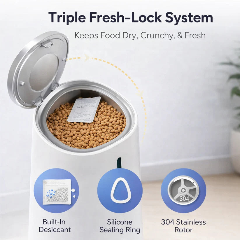 Pet food container with 'Triple Fresh-Lock System' features on a white background