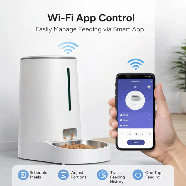 Smart pet feeder with Wi-Fi app control on a white background